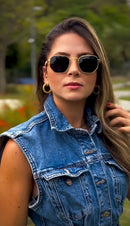 Óculos Hexagonal Bambu Lente Preta