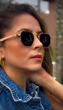 Óculos Hexagonal Bambu Lente Preta