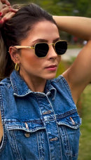 Óculos Hexagonal Bambu Lente Preta