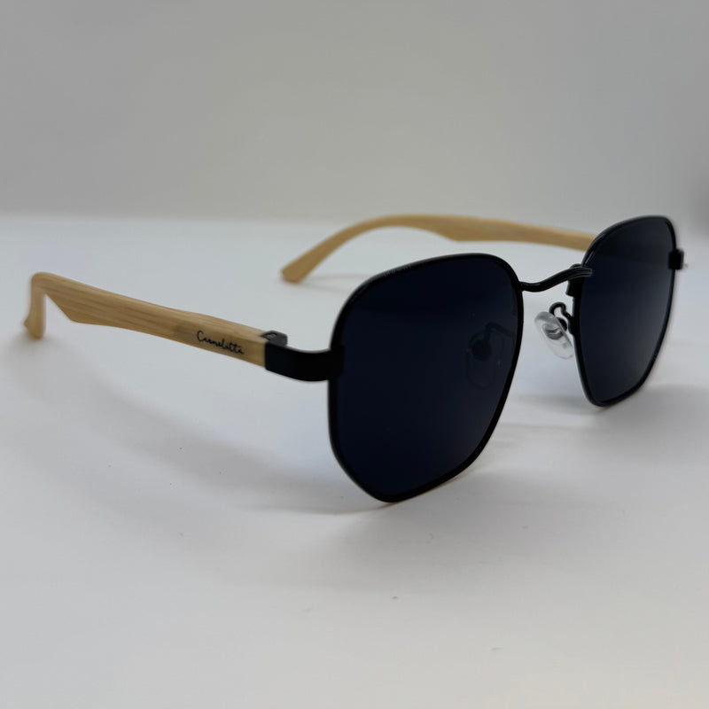 Óculos Hexagonal Dark Hastes de Bambu Claro