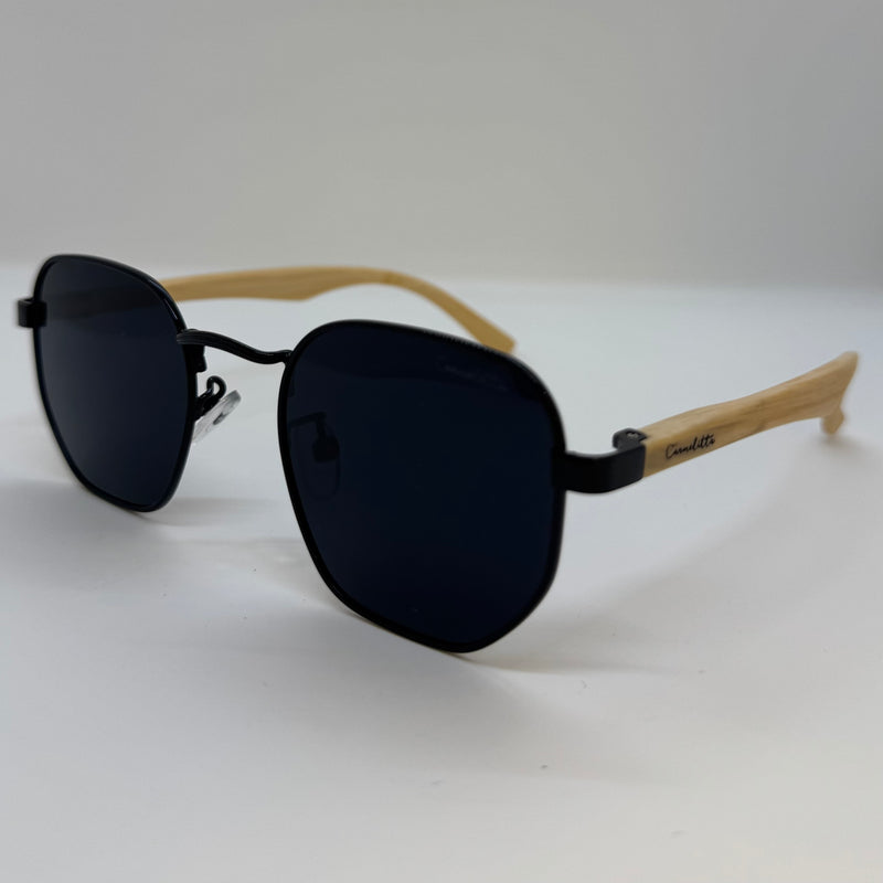 Óculos Hexagonal Dark Hastes de Bambu Claro