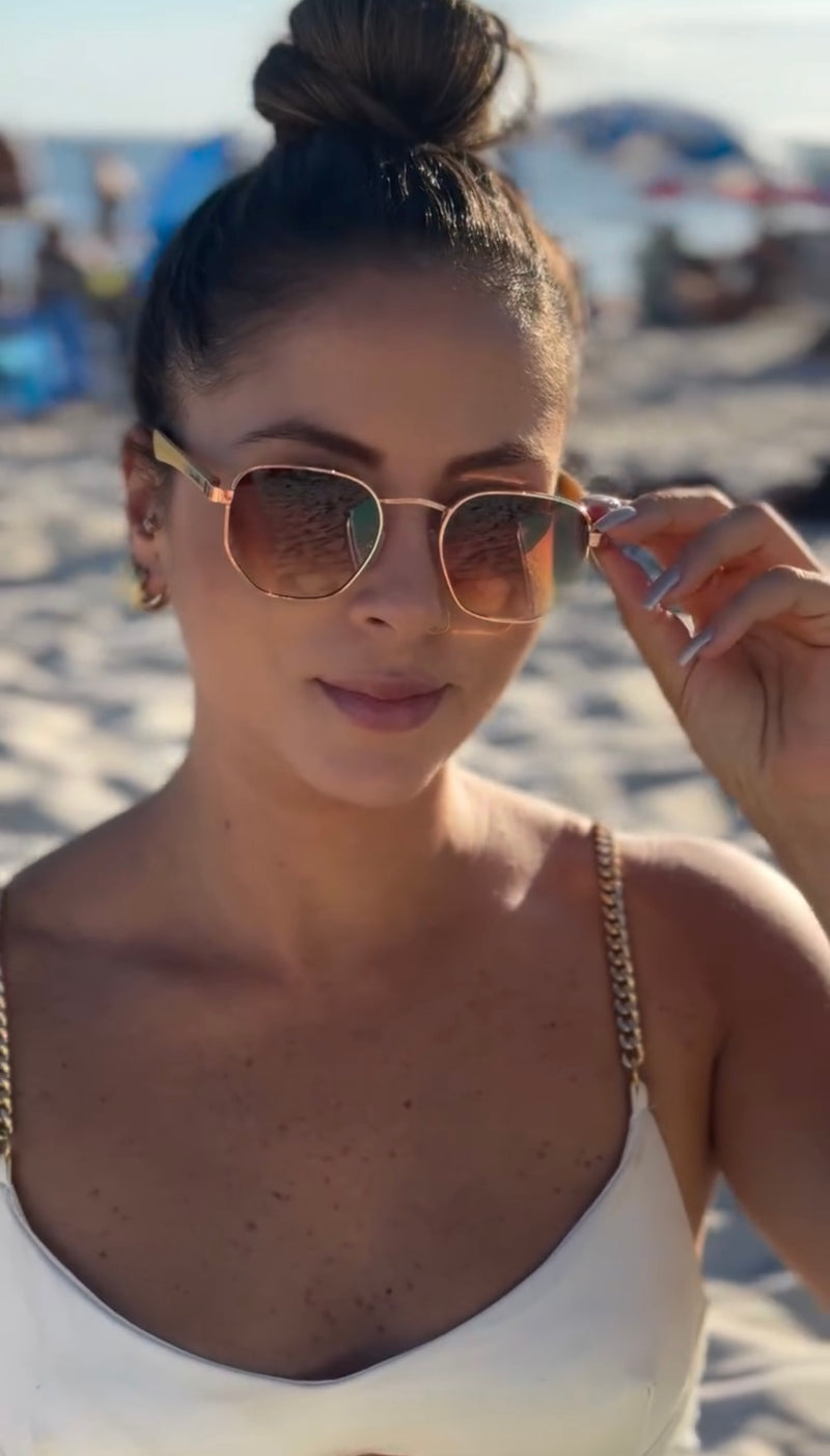 Óculos Hexagonal Marrom Degrade Bambu