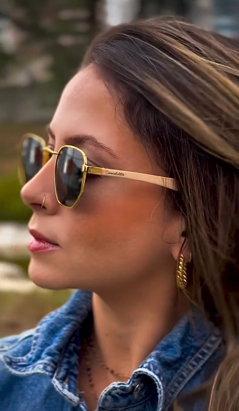 Óculos Hexagonal Bambu Lente Preta